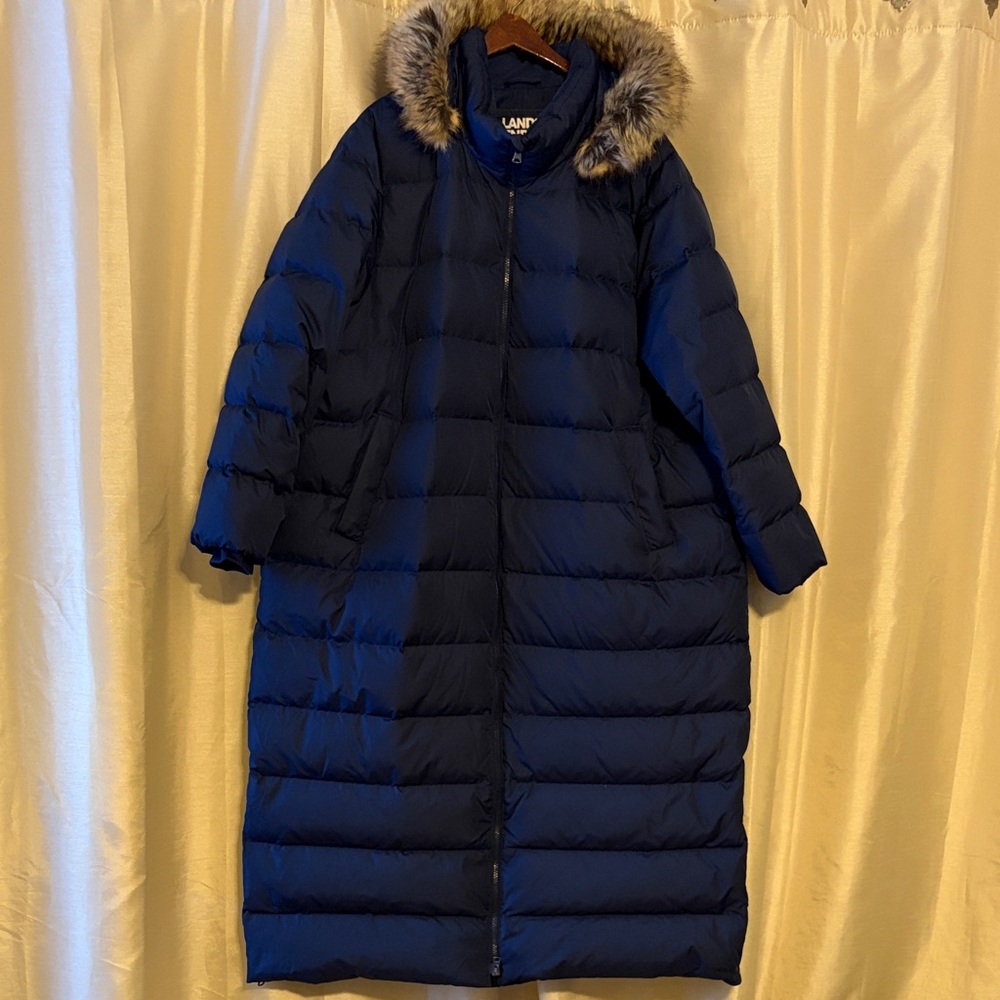 Lands' End Women's Dark Blue Down Puffer Coat with Faux Fur Trim, 2X.